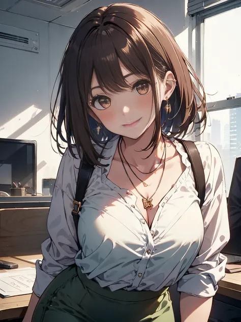 masterpiece, sharp focus, best quality, depth of field, cinematic lighting, aesthetic, detailed face ((realistic)), 1 girl, brown hair, office lady, earrings, necklace, brown hair, wear a white shirt, pencil skirt, light green bra, leaning forward, cute fa...