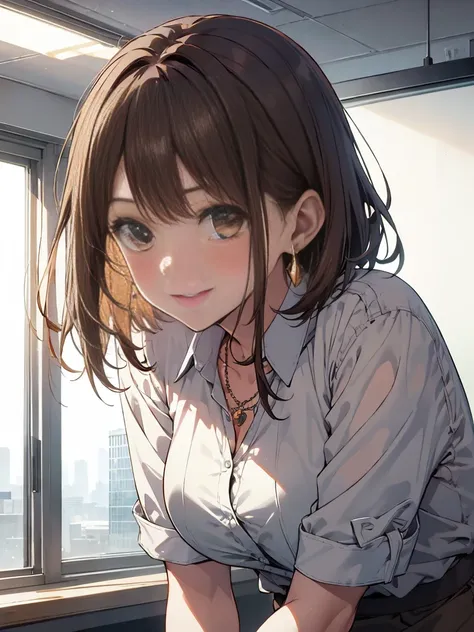 masterpiece, sharp focus, best quality, depth of field, cinematic lighting, aesthetic, detailed face ((realistic)), 1 girl, brown hair, office lady, earrings, necklace, brown hair, wear a white shirt, pencil skirt, light green bra, leaning forward, cute fa...