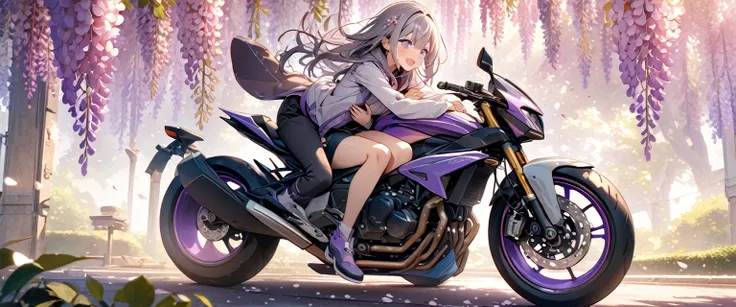 anime、highest quality、Masterpiece、Official Art、16K、The best composition、The best light source、Super detailed、super beautiful、Super detailedな目、A futuristic couple riding a motorcycle, the girl is sitting behind the boy and hugging him from behind with her a...