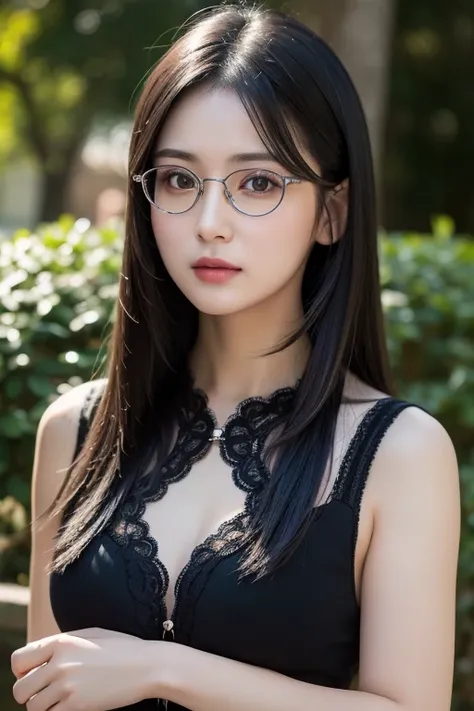 8k, highest quality, masterpiece, realistic, Photoreal, super detailed, Natural light, well-shaped chest,  1 person, 35 year old female, black hair, medium length straight hair, silver rim glasses, ((look into the viewer&#39;s eyes)), pendant, ((((gray kni...