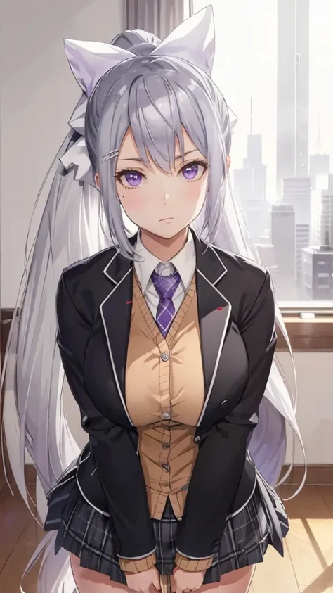 higuchi kaede, big , ponytail, silver hair, purple eyes, hairpin, bunny girl, white ribbon, black knee-high, shy, staring, beaut...