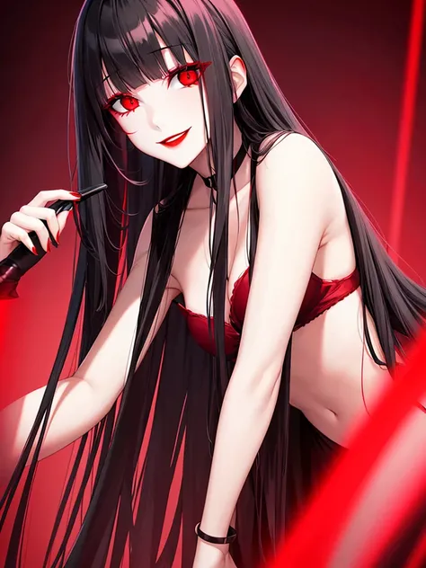 Horror woman, red light eyes, smile, long hair black, dark, she is solo, red lipstick,