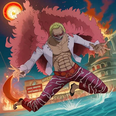 Doflamingo jumping through a ring of fire at a dolphin show