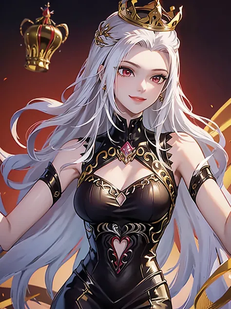 1woman, gold suit, as supreme queen, crown, smile, red eyes, white hair colour, long hair,