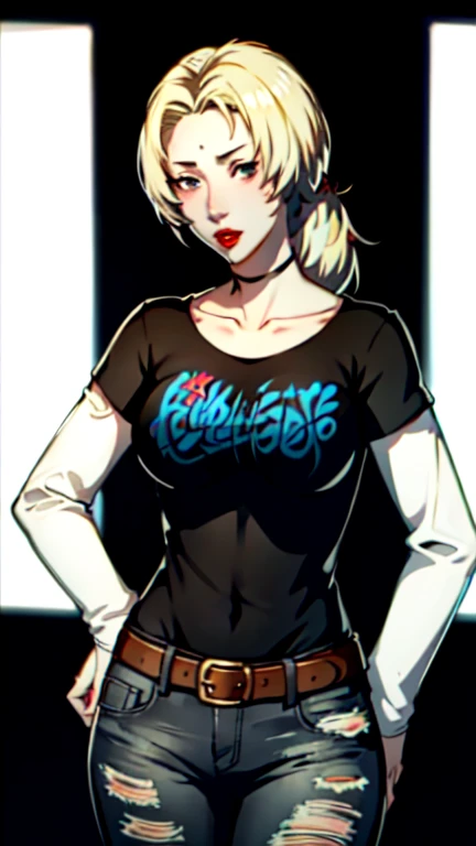 cathfe16, blonde hair, 1girl, solo, standing, black t-shirt, white shirt, blue jeans, belt, lipstick, large breasts