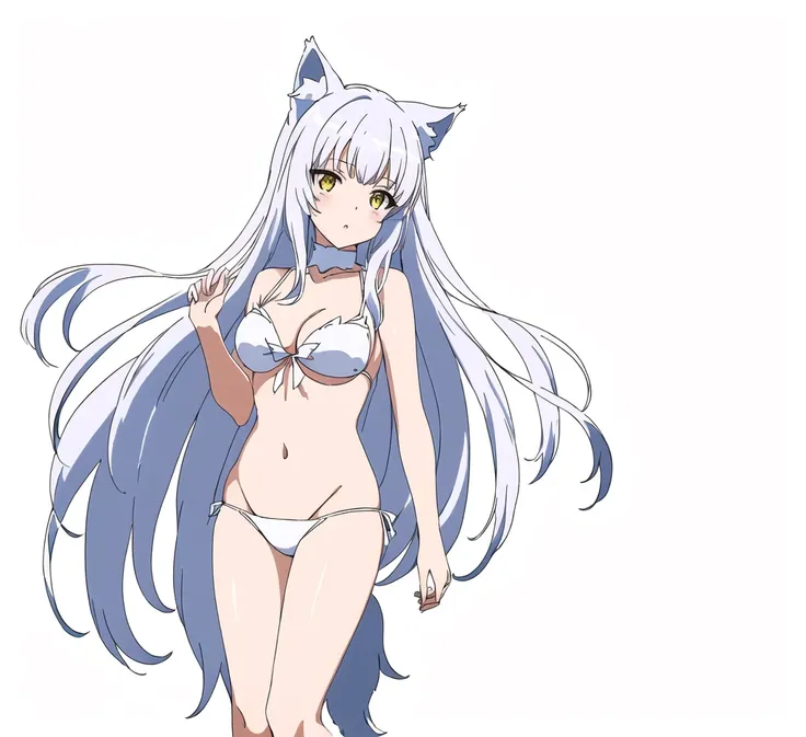 anime girl with cat ears and tail in a white bikini, neferpitou, holo is a wolf girl, anime catgirl, white cat girl, cute anime catgirl, seductive anime girl, beautiful anime catgirl, white - haired fox, holo if a wolf girl, wolf ears, attractive cat girl,...