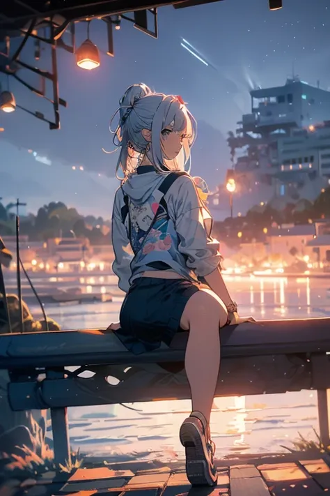 Relaxed character and white cat　anime girl sitting on a bench looking at the stars, anime art wallpaper 8 k, anime art wallpaper 4k, anime art wallpaper 4 k, 4k anime wallpaper, anime wallpaper 4k, anime wallpaper 4 k, anime style 4 k, 4 k manga wallpaper,...