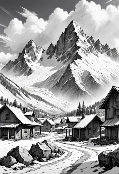 black and white sketch, pencil sketch, retail, 8k, landscape, rocky snow-capped mountains, clouds, valley settlement, pencil sty...