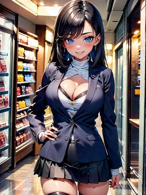 A girl, casual, sexy body, big breasts, cleavage, big hip, stockings, black pleated skirt with white line, white turtleneck shirt, smiling, blushing, beautiful face, detailed face, very detailed eyes, long black hair, blue eyes, full body, high quality, de...