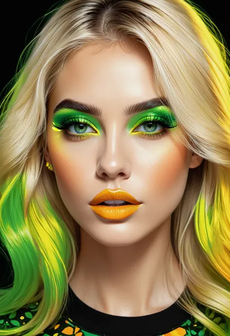 The image features a digital illustration of a woman with blonde hair and green and yellow highlights. Lleva una blusa verde y tiene ojos verdes brillantes y labios anaranjados. El fondo es negro.