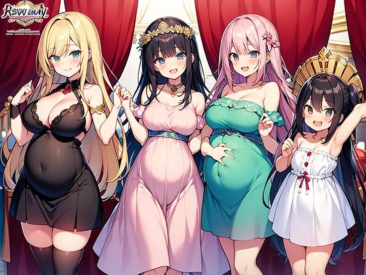 new Harem anime main visual style,pregnant girls wearing dress,happy,3 Pregnant girls,Poster Image