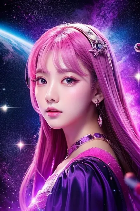 The background is space war、The main background colors are purple and pink、Add some zodiac sign inspiration to the background、
Bewitching beauty、