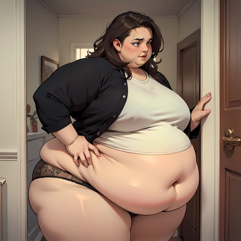 masterpiece, best quality, highres, detailed, realistic, young european woman, USSBBW, morbidly obese, fatblob, detailed face, beautiful face, messy hair, high aesthetic, panties, doorframe, stuck, frustrated expression, 