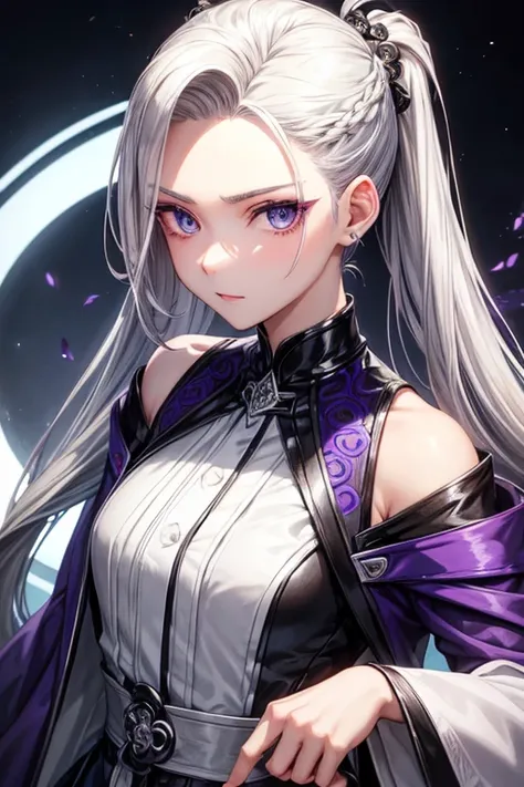 A hairstyle in which the entire hair is slicked back、Odd Eye、Silver hair back、male、Her hair is shoulder-length、Odd Eye、maleの左目赤色、male右目青、Purple coat、Increase the wide angle、Clear Eyeale性ソロ、