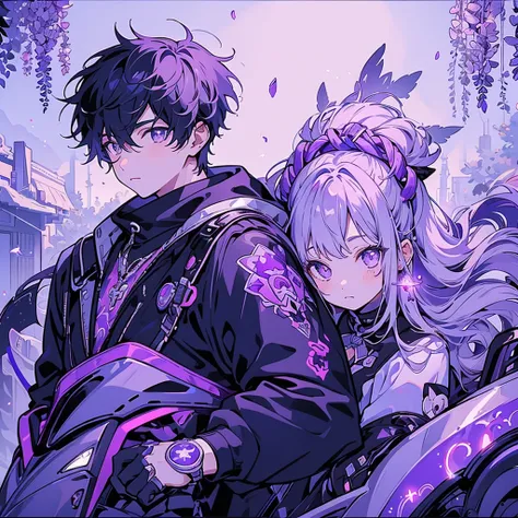 1BOY,1GIRL,Crypticforce、yinji、Super detailedな目、highest quality、Masterpiece、Official Art、16K、The best composition、The best light source、Super detailed、super beautiful、A futuristic couple riding a motorcycle, the girl is sitting behind the boy and hugging hi...