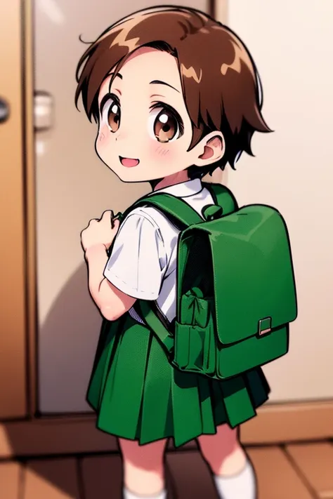 rokujoumugi, one girl, alone, backpack, brown hair, bag, brown eyes, short hair, little, , skirt, school bag, blush, recall, fro...