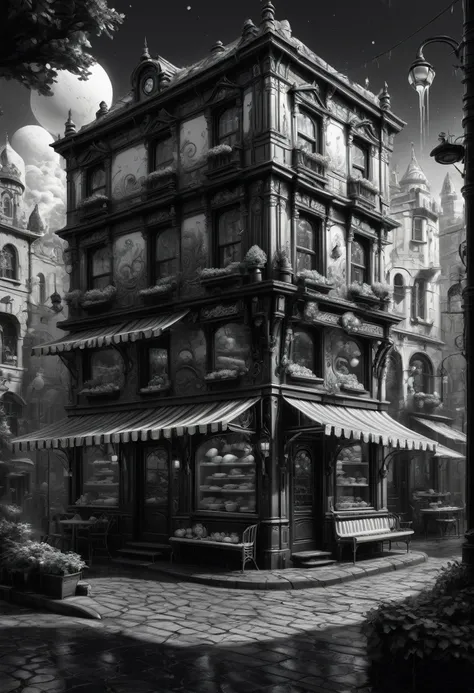 best quality, ultra-detailed, black and white, monochrome, contrasting shades, high contrast ,grayscale, aesthetic, Black and white whimsical bakery, detailed matte painting, deep color, fantastical, intricate detail, splash screen, complementary colors, f...