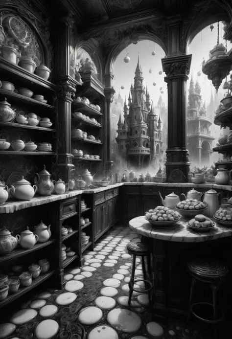 best quality, ultra-detailed, black and white, monochrome, contrasting shades, high contrast ,grayscale, aesthetic, Black and white whimsical bakery, detailed matte painting, deep color, fantastical, intricate detail, splash screen, complementary colors, f...