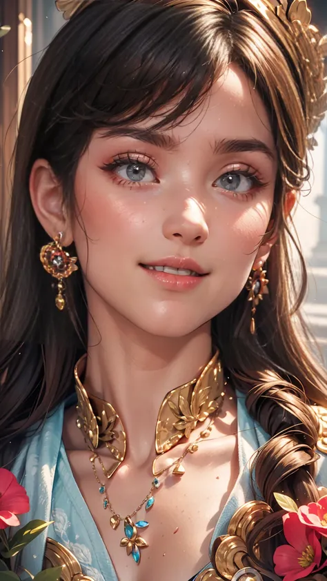 masterpiece, highest quality, masterpiece, God-like quality, Godly art, Highly detailed face, Very realistic, cute, young woman, smile, Big eyes, Long eyelashes, Multicolored Hair, Variegated eyes, Shiny skin, Fuller lips, Big Lips, Shiny skin, Blushing, N...