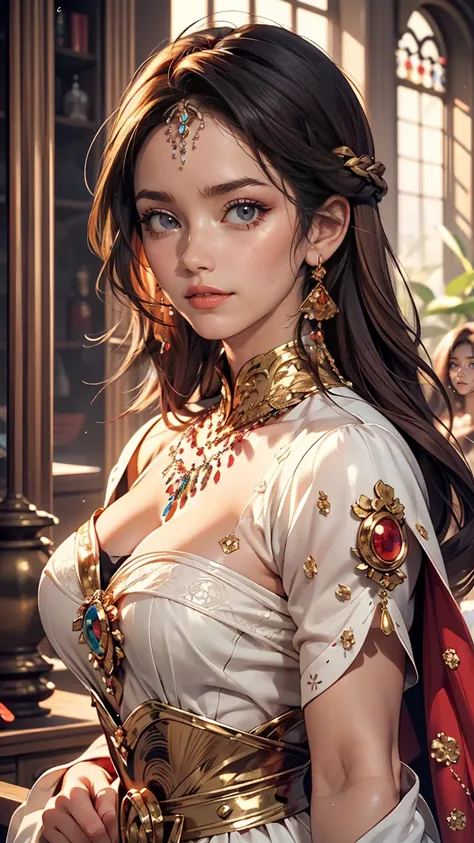 masterpiece, highest quality, masterpiece, God-like quality, Godly art, Highly detailed face, Very realistic, cute, young woman, smile, Big eyes, Long eyelashes, Multicolored Hair, Variegated eyes, Shiny skin, Fuller lips, Big Lips, Shiny skin, Blushing, N...