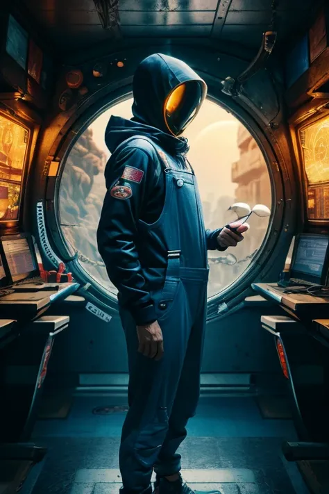 1_A man with glasses ((sports _ overalls)) , leotards, pajamas, space suit. Mandatory sporty style, three stripes on the sides, on the chest the emblem of the sports space team. Space, astronaut, sport, tester.
   2_He wears an intricate hood stylized with...