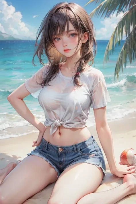 cute girl, masterpiece: 1.2, highest quality, 16k, ultra-realistic, photorealistic: 1.37, beautiful detailed, cute girl, picking up a conch shell, sitting in wariza on the sandy beach, (bikini tops+white t-shirt, the hem is tied above the hips:1.2,seethrou...