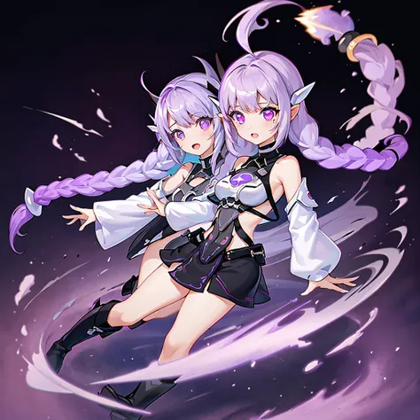 masterpiece, best quality, yinji,(2girls,multiple girls, :1.2),chibi,purple eyes, braid, twin braids, open mouth, ahoge, purple hair, long hair, simple background, boots, bangs, black footwear, dress, full body, horns, looking at viewer, long sleeves, blac...