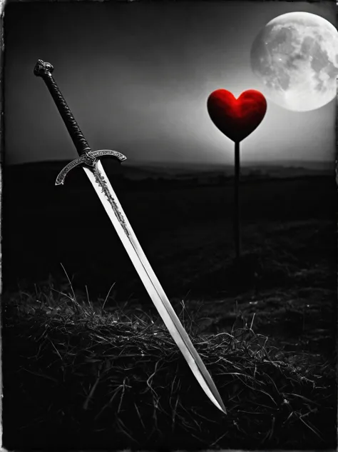 under the moonlight，a long sword shining silver lies horizontally，pointing directly to a bright red heart，the scene was all capt...