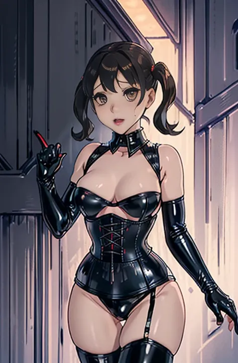 BDSM、Queen、Spouse、1 girl、alone、(((Long gloves covered in black latex all the way to the fingertips)))、(((black latex corset dress:1.4)))、(((Beautiful lace corset dress.)))、(((corset dress with shoulder straps)))、(((black latex tight miniskirt:1.4)))、(((Bla...