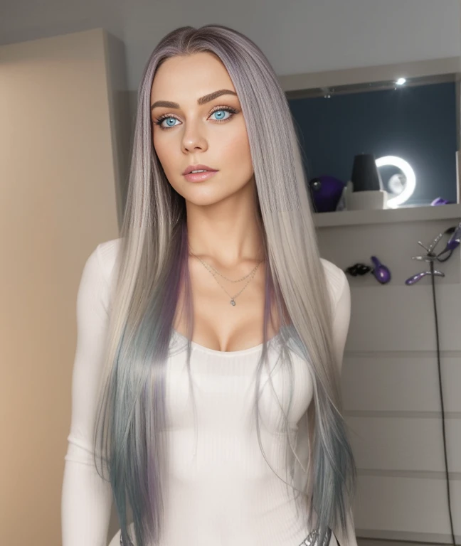 woman
 height 167 cm
 fit
 purple hair
 filigree figure perfect body
 blue eyes 
 stunningly beautiful woman,she is wearing black bra and thong ,extreme detail, 4k, ultra hd, hyperrealism, polished, photorealistic, backlight, hair light, 8k ultra hd. ,  ul...