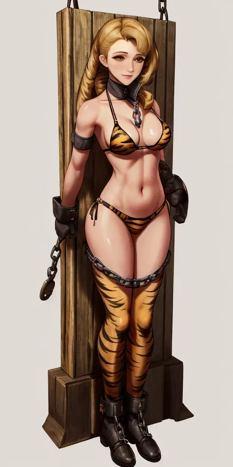 ((Masterpiece, 4k, plain background:1.2)) (handuffed behind her back)) Forrest FIRE EMBLEM full body standing straight symmetrical, standing chained pole bondage sex slave, yellow tiger bikini print, happy closed mouth red cheeks