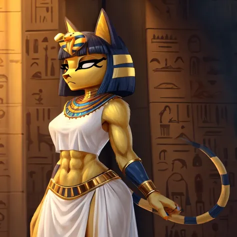 a digital artwork of ankha with abs wearing a crop top of her white sleeveless dress with white dress skirt, a bare midriff and ...