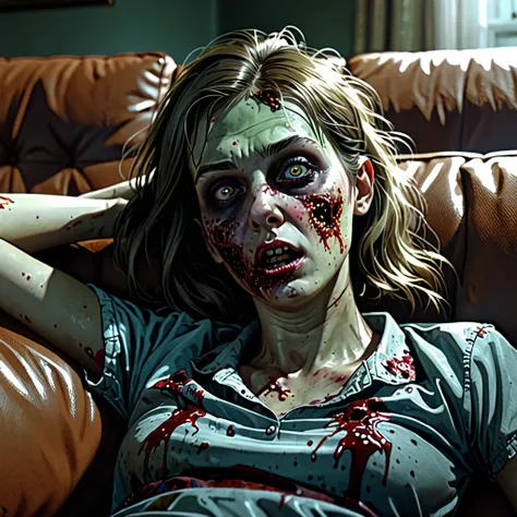 A girl, lying on the sofa, looks very enjoyable, zombie style, looks depressing, high quality, ultra-detailed, crazy details, 4K