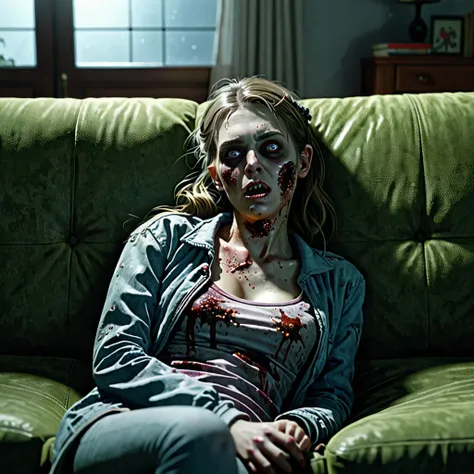 A girl, lying on the sofa, looks very enjoyable, zombie style, looks depressing, high quality, ultra-detailed, crazy details, 4K