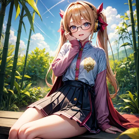 Pink Blue Gold Golden Hair、Golden Eyes、Two good looking girls、Twin tails、solo、anime、Checkered mini skirt、The skirt has buttons、Red T-shirt、China、Cape、Black knee-high socks、Wearing headphones、Wearing a ribbon、Ribbon on waist、Tilting face、Teeth are visible、S...