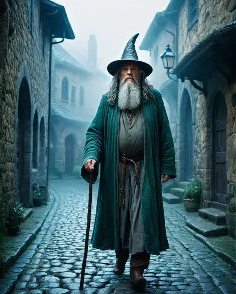 abstract colors, texture, film grain, skin pores:0.1 hasselblad dslr RAW photo, backlit intricate dramatic portrait of an old bearded wizard casting a spell, standing on medieval fantasy city (cobblestone street)1.2, foggy morning, shannara chronicles lotr...