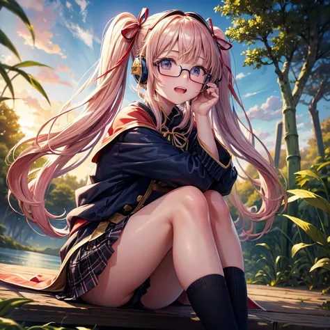 Pink Blue Gold Golden Hair、Golden Eyes、Two good looking girls、Twin tails、solo、anime、Checkered mini skirt、The skirt has buttons、Red T-shirt、China、Cape、Black knee-high socks、Wearing headphones、Wearing a ribbon、Ribbon on waist、Tilting face、Teeth are visible、S...