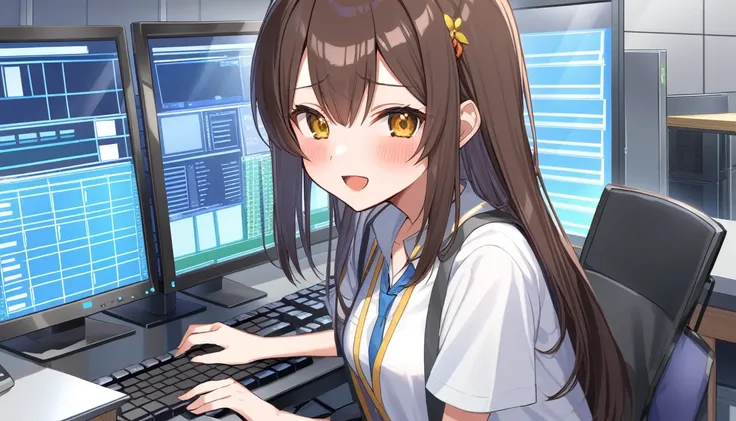 Young female programmer、In front of the display and keyboard in the room、System development site、Please write in Japanese anime style.。