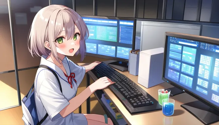 Young female programmer、In front of the display and keyboard in the room、System development site、Please write in Japanese anime style.。