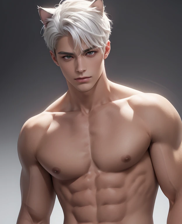 Full fu body photorealistic 4k, Catboy , cat ears, very high resolution, best quality, masterpiece, perfect color, perfect shade, perfect lighting, Posted by e621, ((portrait)), ((handsome man)), perfect male figure, Short hair details，chest muscles，abdomi...