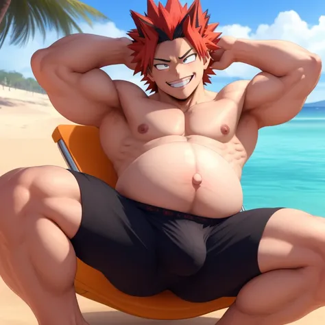 2boy, masterpiece, 3d, (Bakugo Katsuki), Eijiro Kirishima red riot , muscled, chilling at the beach, no shirt, big pregnant, belly, hands on back of head, only wearing a black underwear with a orange line on the top and bomb symbols on the underwear, light...