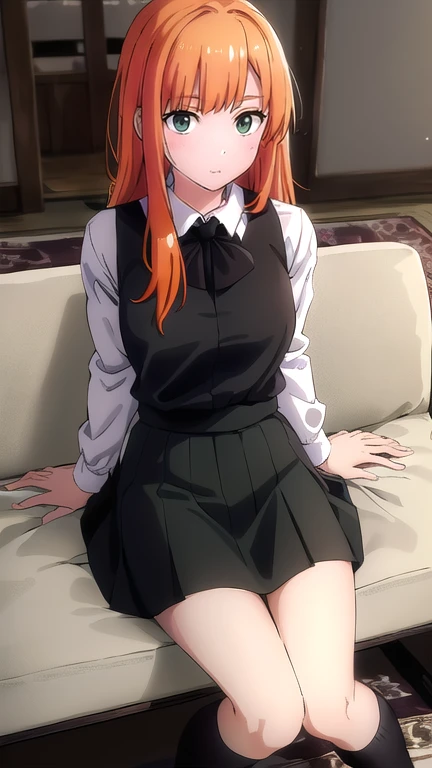 best quality,4k,8k,highres,masterpiece:1.2),umasterpiece,high quality,solo, orange hair, green eyes, black skirt, white blouse, red bow, dark green gakuran, lighter green embroidered collar, long black socks.