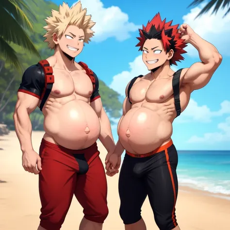 2boys, full body, male focus, muscular male, best quality, amazing quality, best aesthetic, absurdres, chilling at the beach, gay couple, official style, year 2023, game cg, looking at viewer, happy, looking at each others bellies, together on picture, yao...