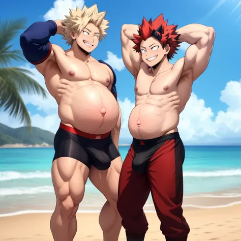 2boys, full body, male focus, muscular male, best quality, amazing quality, best aesthetic, absurdres, chilling at the beach, gay couple, official style, year 2023, game cg, looking at viewer, happy, looking at each others bellies, together on picture, yao...