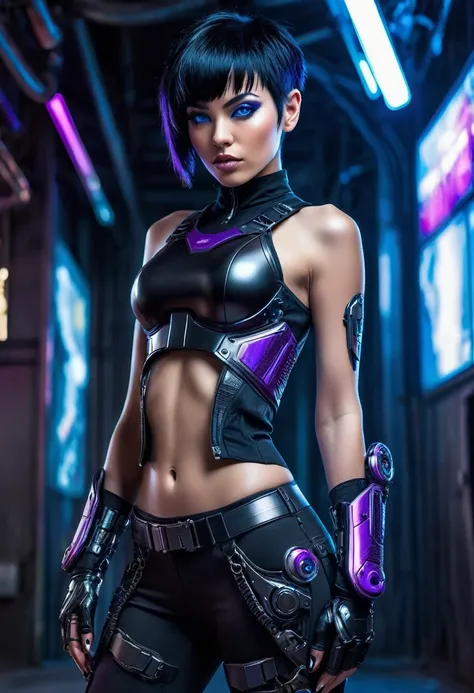 A captivating portrait of a cyberpunk cyborg woman looking directly at the viewer. She has short-cropped black hair with a touch of purple and striking blue eyes. Dressed in a combination of futuristic and revealing clothing, she wears a black camisole and...