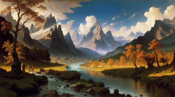 There is a river in the painting，The background is a tree and mountains, Thomas Moran&#39;s inspiration, Oil painting style, Painting Landscapes, Smooth oil painting, Not Albert Bierstadt, landscape painting, Oil painting on canvas 8k, Oil painting on canv...