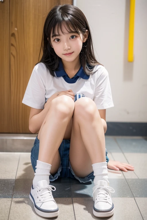 A cute junior high school girl sitting on the floor３A person is wearing short pants and is wet