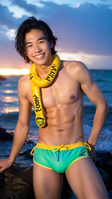 male　Age 29 Lifesaver swimwear smiling hawaii  at night