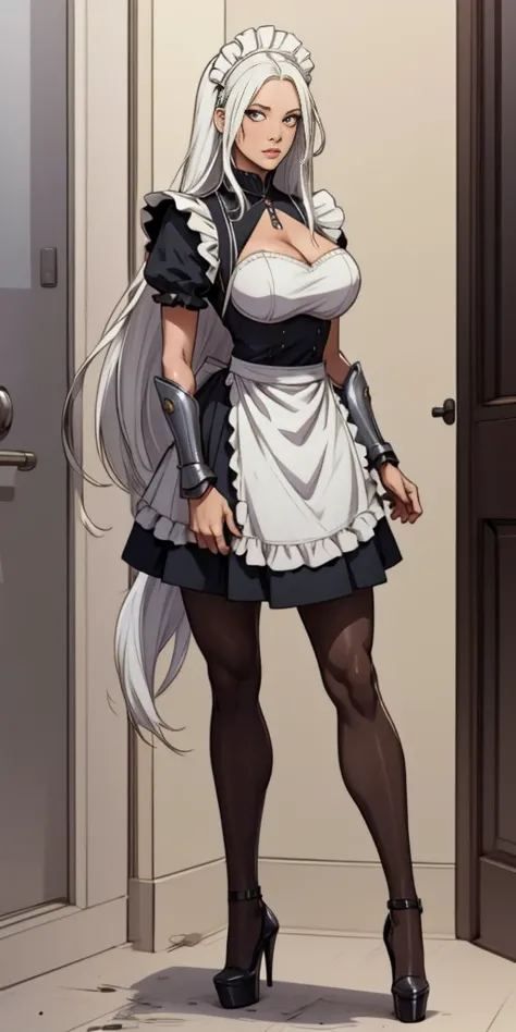 Female, standing, straight, long_hair, messy_hair, white_hair, maid with armor, metal high heels