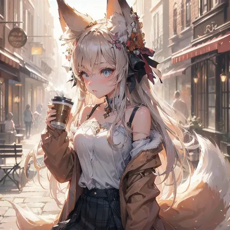 high quality,HD,16K,sharp line,1 Girl,fantasy,Female Ale Wolf Ears,Wolf Tail,beautiful hair ,Cute face, Large Breasts ,Beautiful legs,,Focus Girl,Detailed beautiful face,Detailed clothes,beautiful eyes,Dynamic Angle